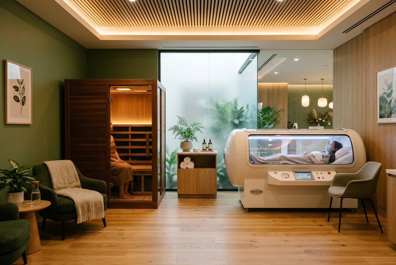 Medical wellness therapy room with hyperbaric chamber and infrared sauna
